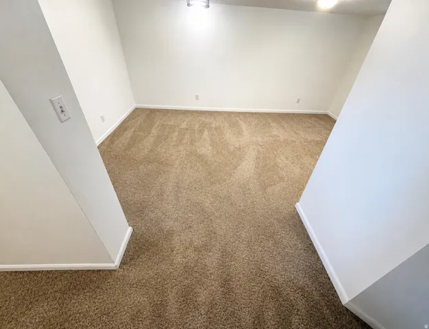 Carpeted interior space featuring white wall finishes, crisp white trim, and a ceiling-mounted light fixture