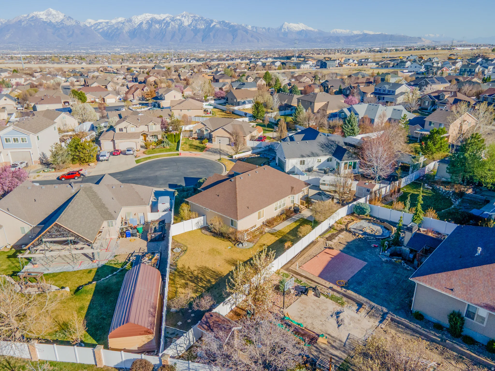 Aerial view of residential area with mountains