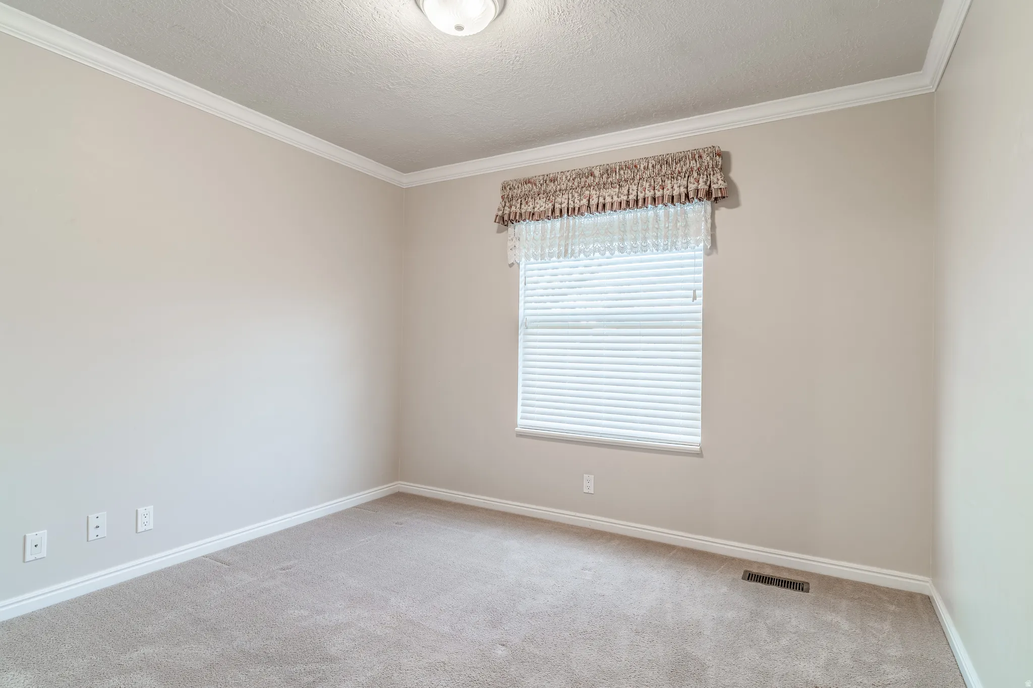 Spare room with ornamental molding, light carpet, and a textured ceiling