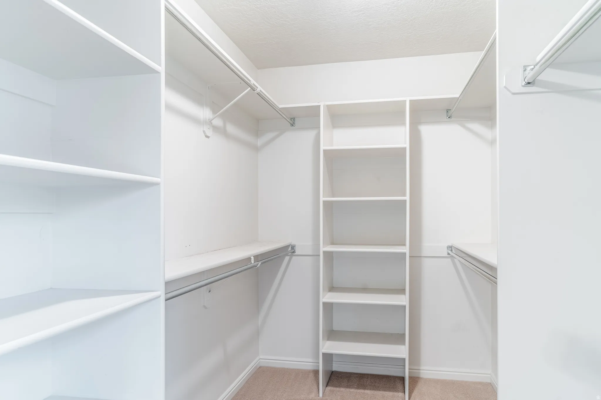 Walk in closet with light colored carpet