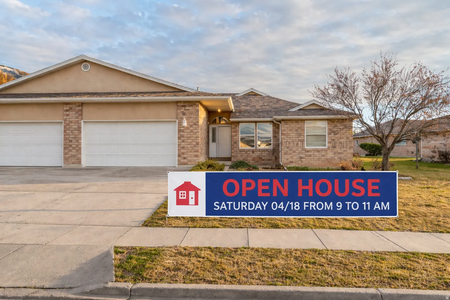 Single story home with driveway, an attached garage, brick siding, and roof with shingles