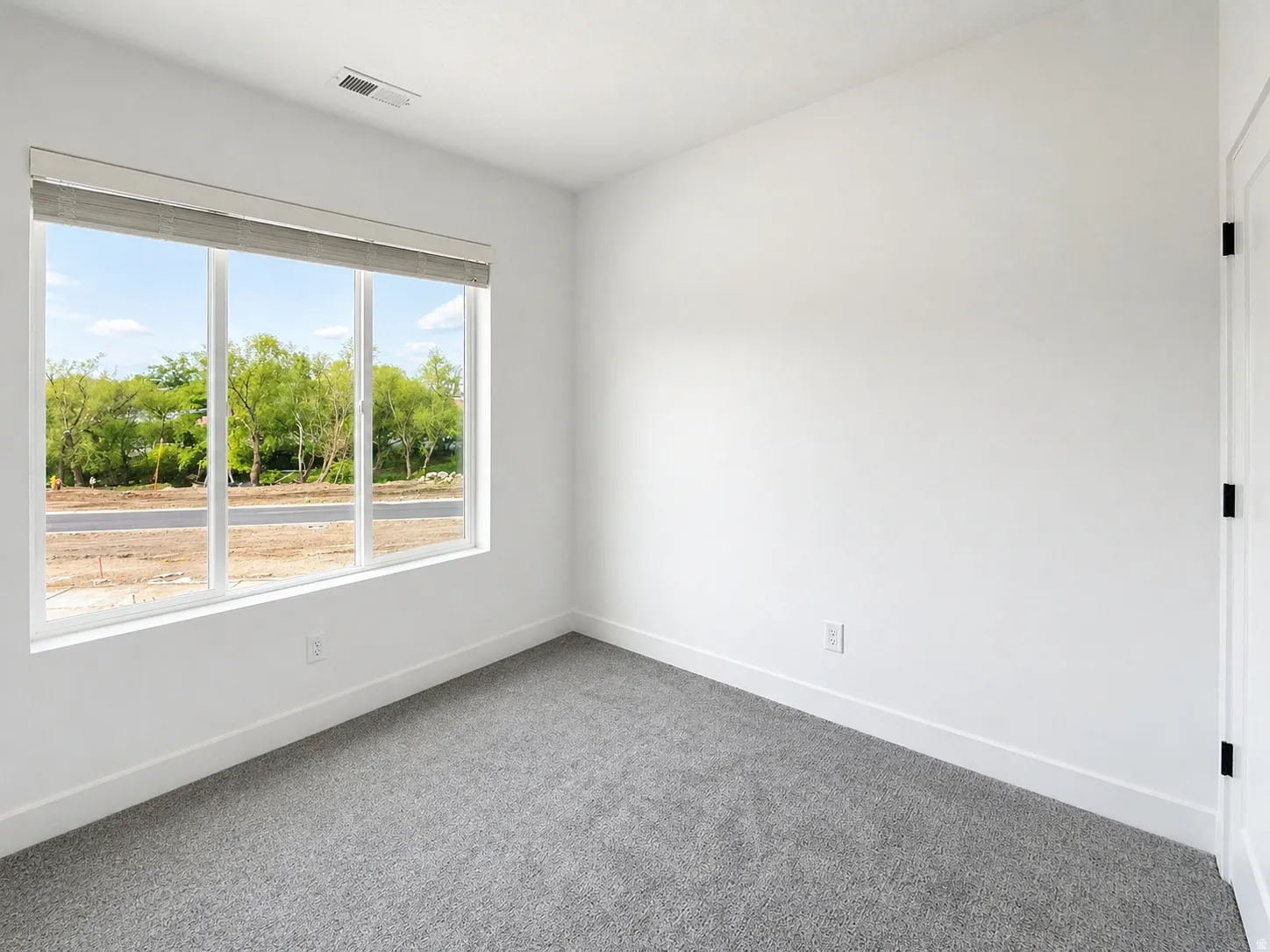 Bright room featuring a large three-panel window with a woven shade, gray carpet flooring, white walls, and contemporary black door hardware
