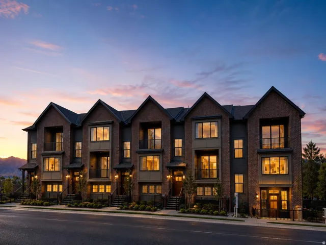 Modern townhome exteriors featuring dark brick and siding, gabled rooflines, and multiple balconies