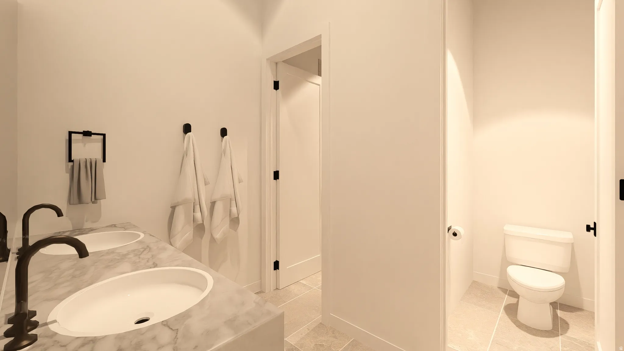 Full bathroom featuring double vanity and light tile patterned floors