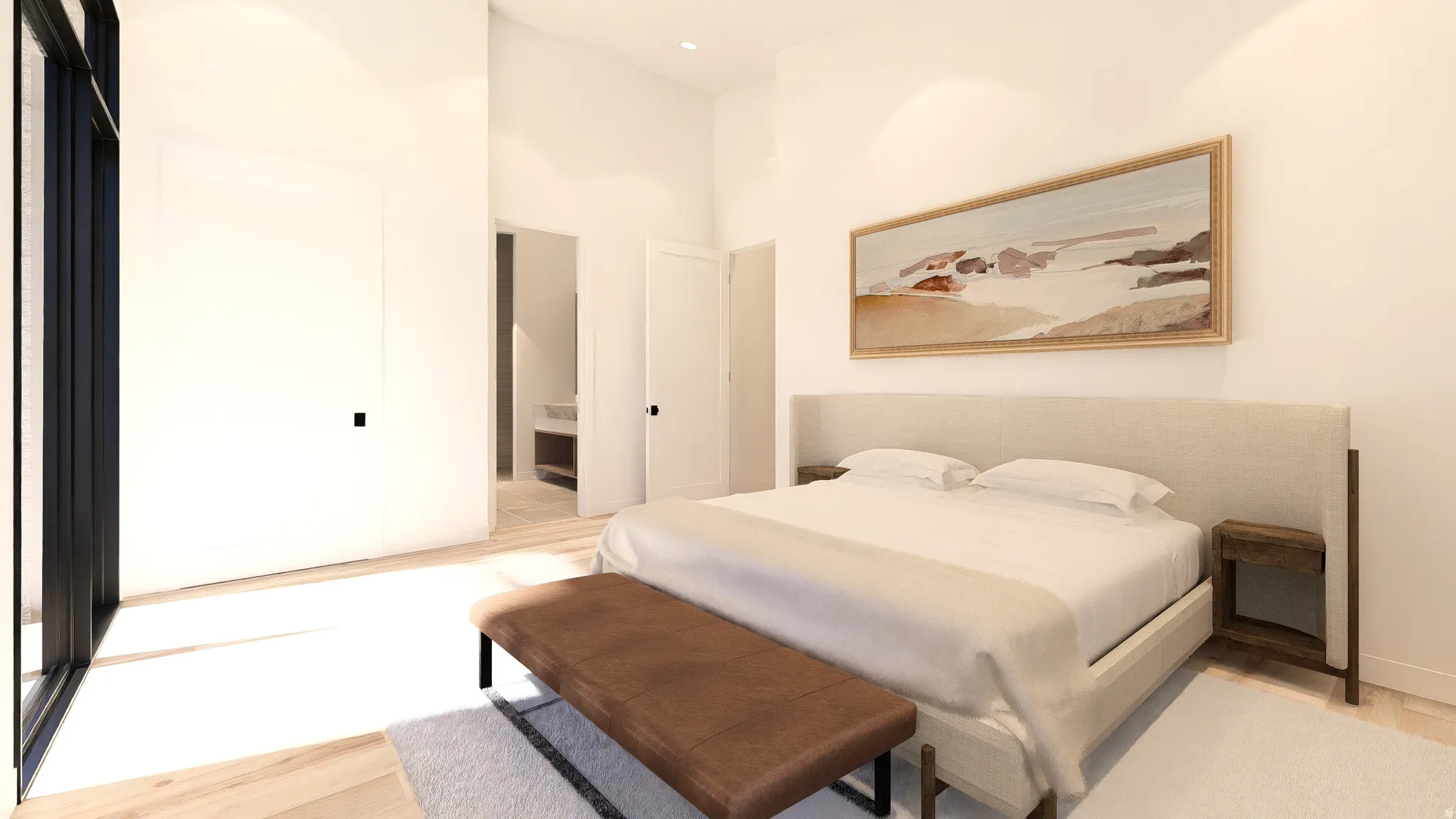 Bedroom featuring a high ceiling and light wood-style flooring