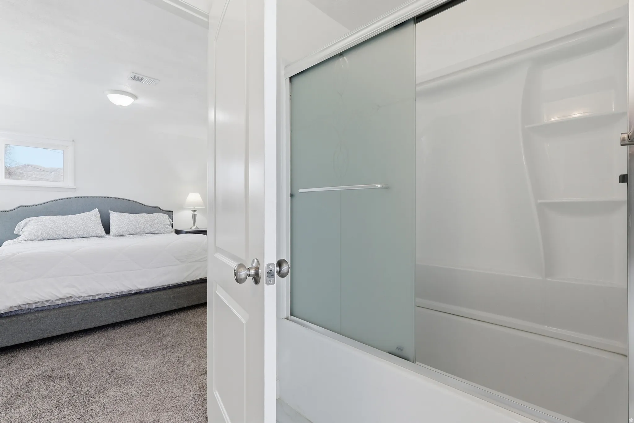 Bedroom with light carpet and a closet