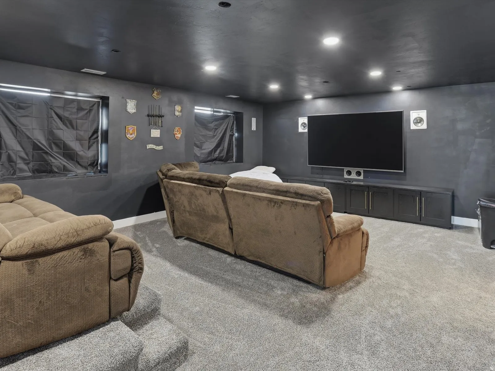 Carpeted cinema featuring baseboards and recessed lighting