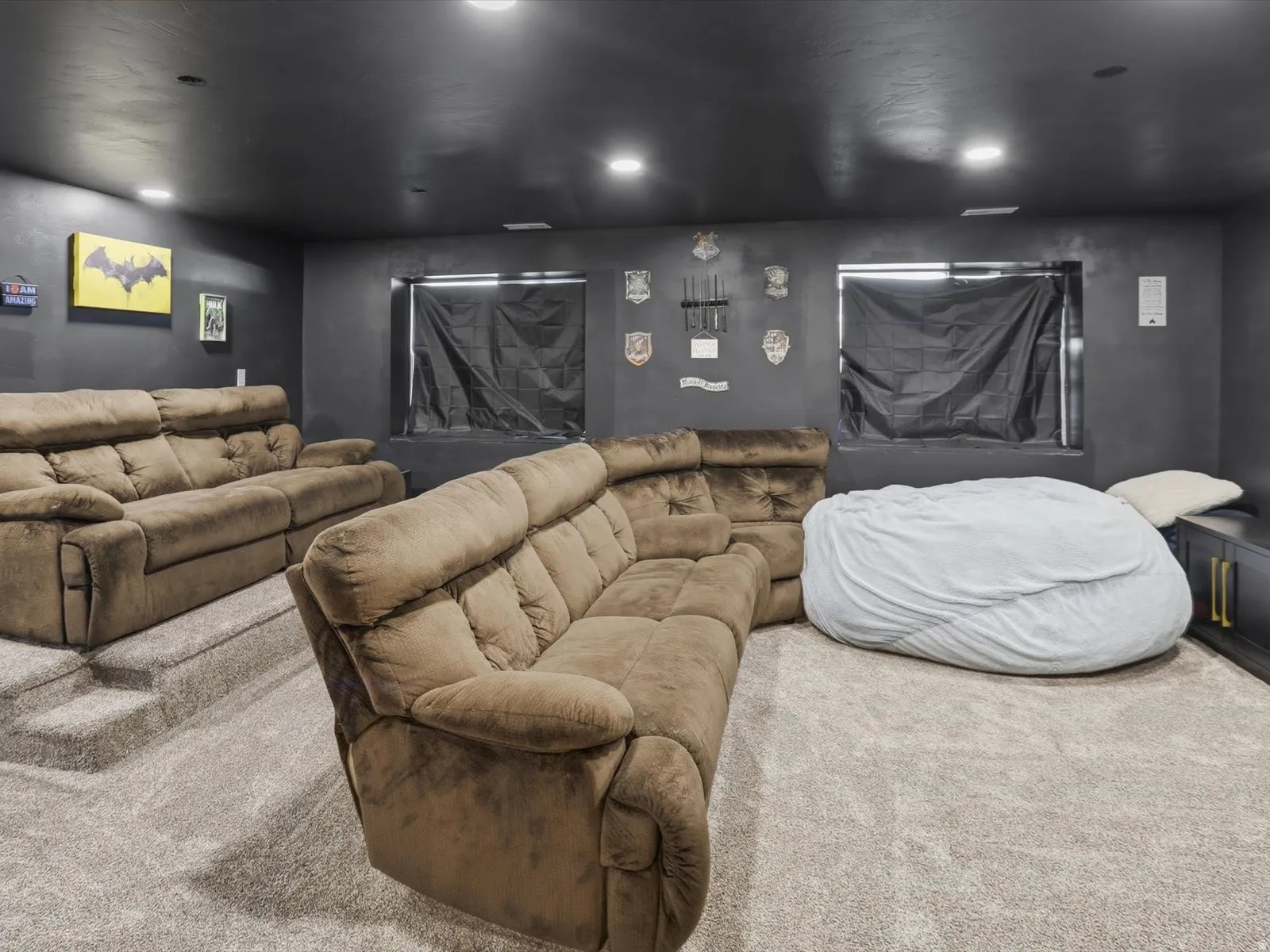 Home theater featuring carpet and recessed lighting