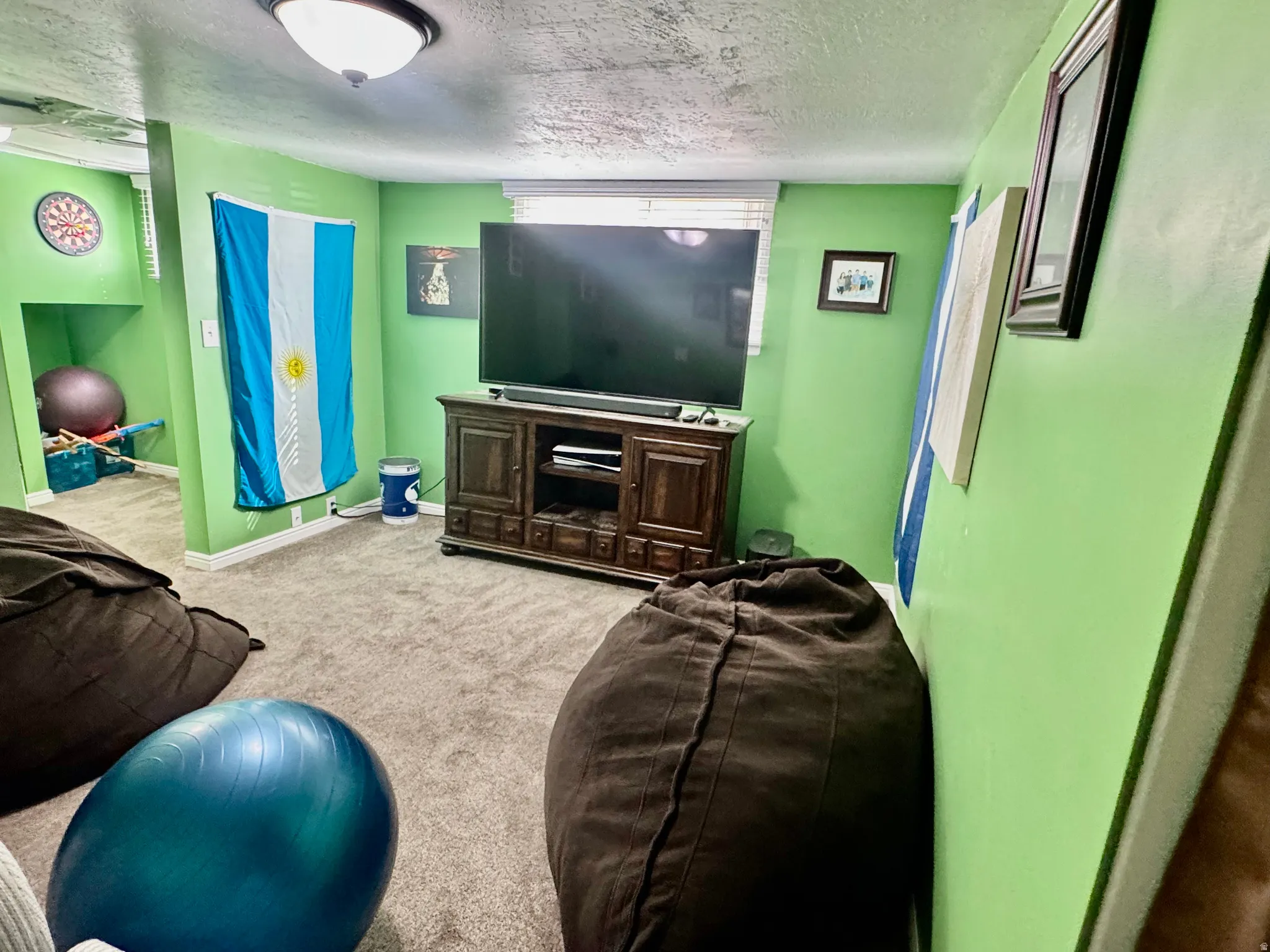 Carpeted living area featuring a textured ceiling and baseboards