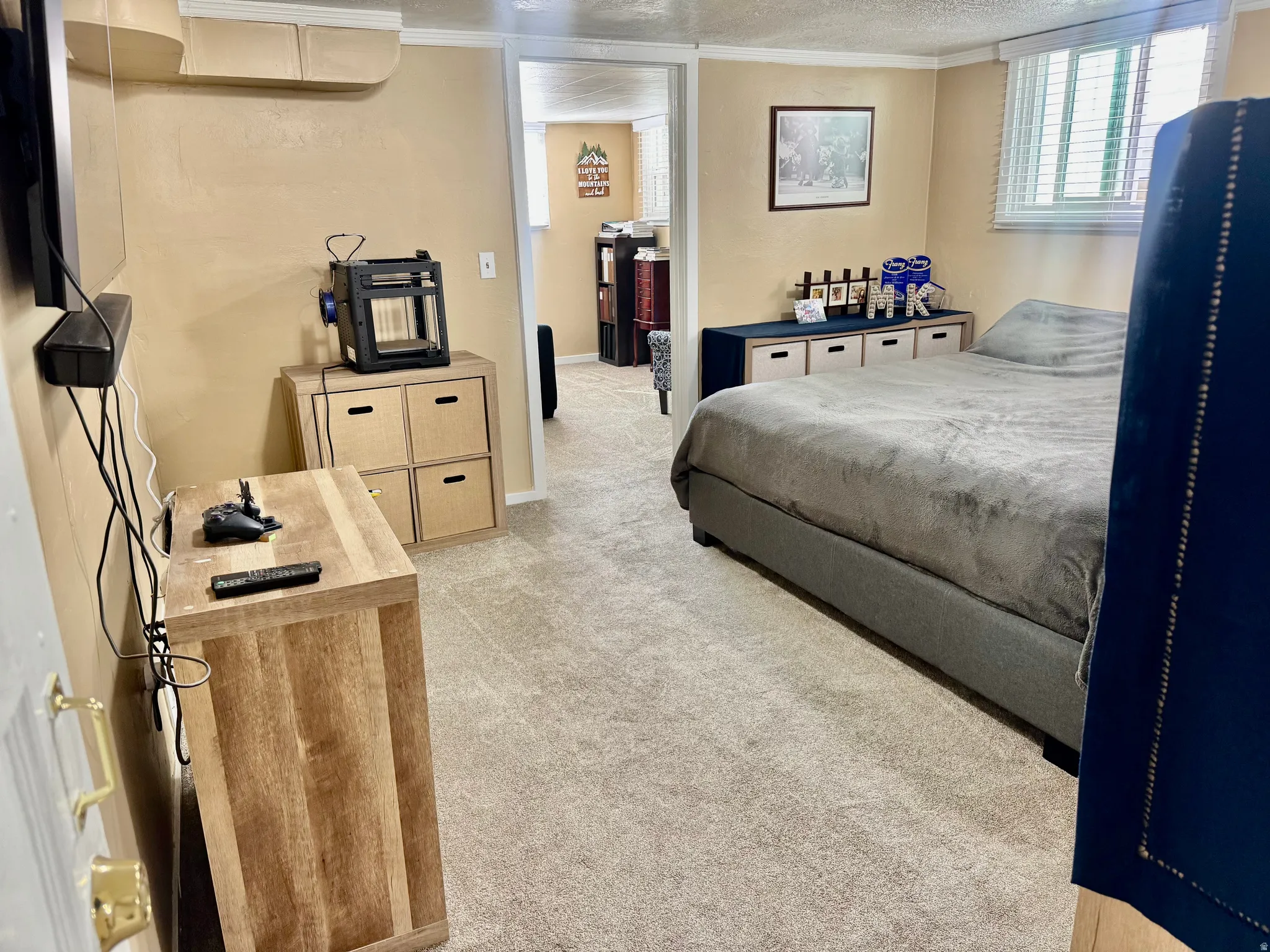 Bedroom with light colored carpet and crown molding