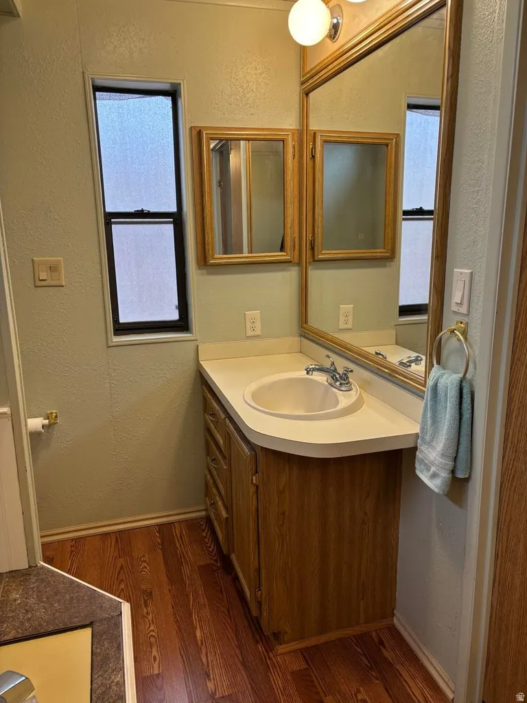 Bathroom with a textured wall, vanity, and dark wood-type flooring