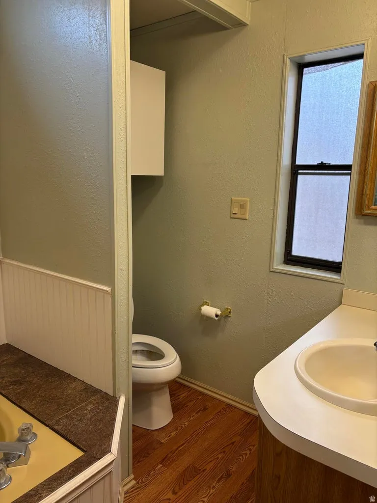 Bathroom featuring vanity, a textured wall, and dark wood finished floors