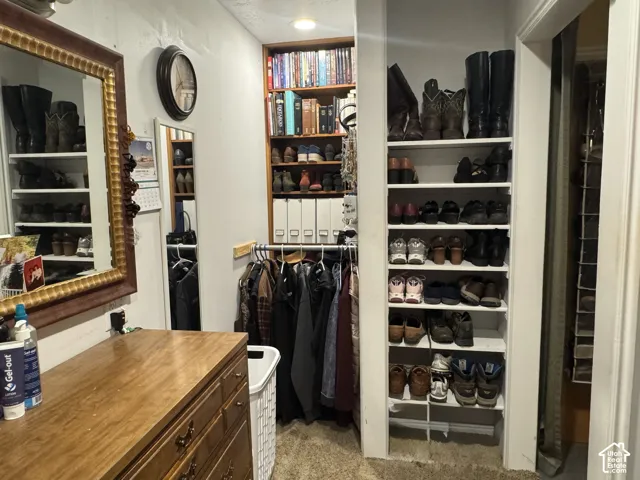 Walk in closet with dark colored carpet