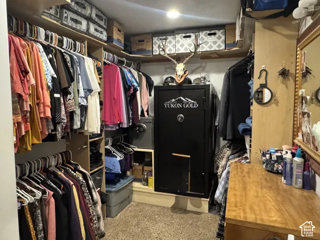 Walk in closet featuring light carpet