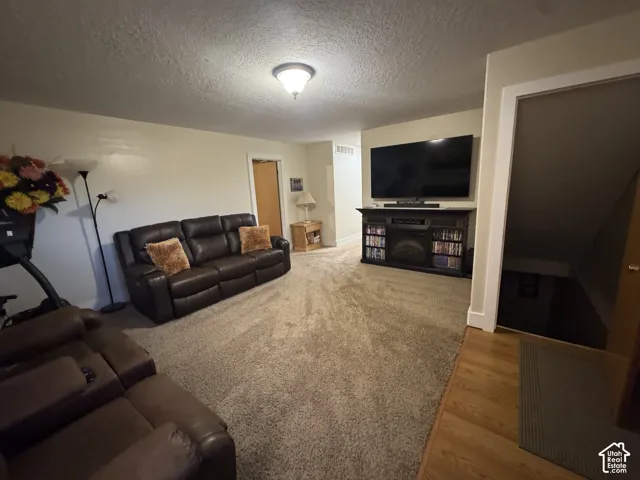 Living area with a textured ceiling and wood finished floors
