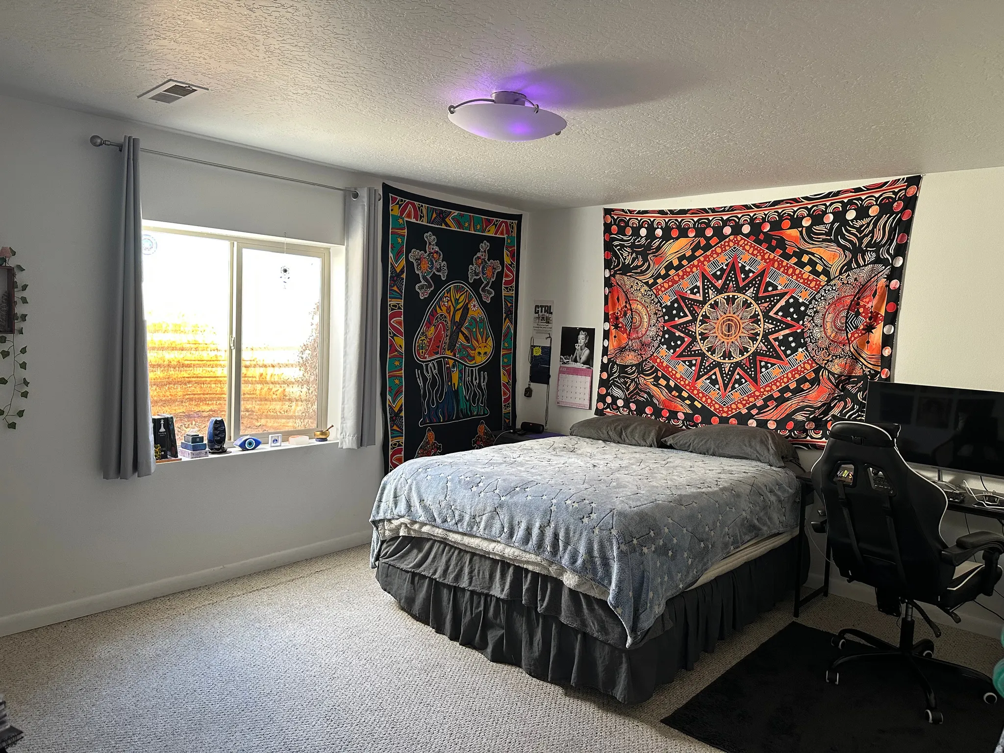 Bedroom with a textured ceiling, light colored carpet, and a desk