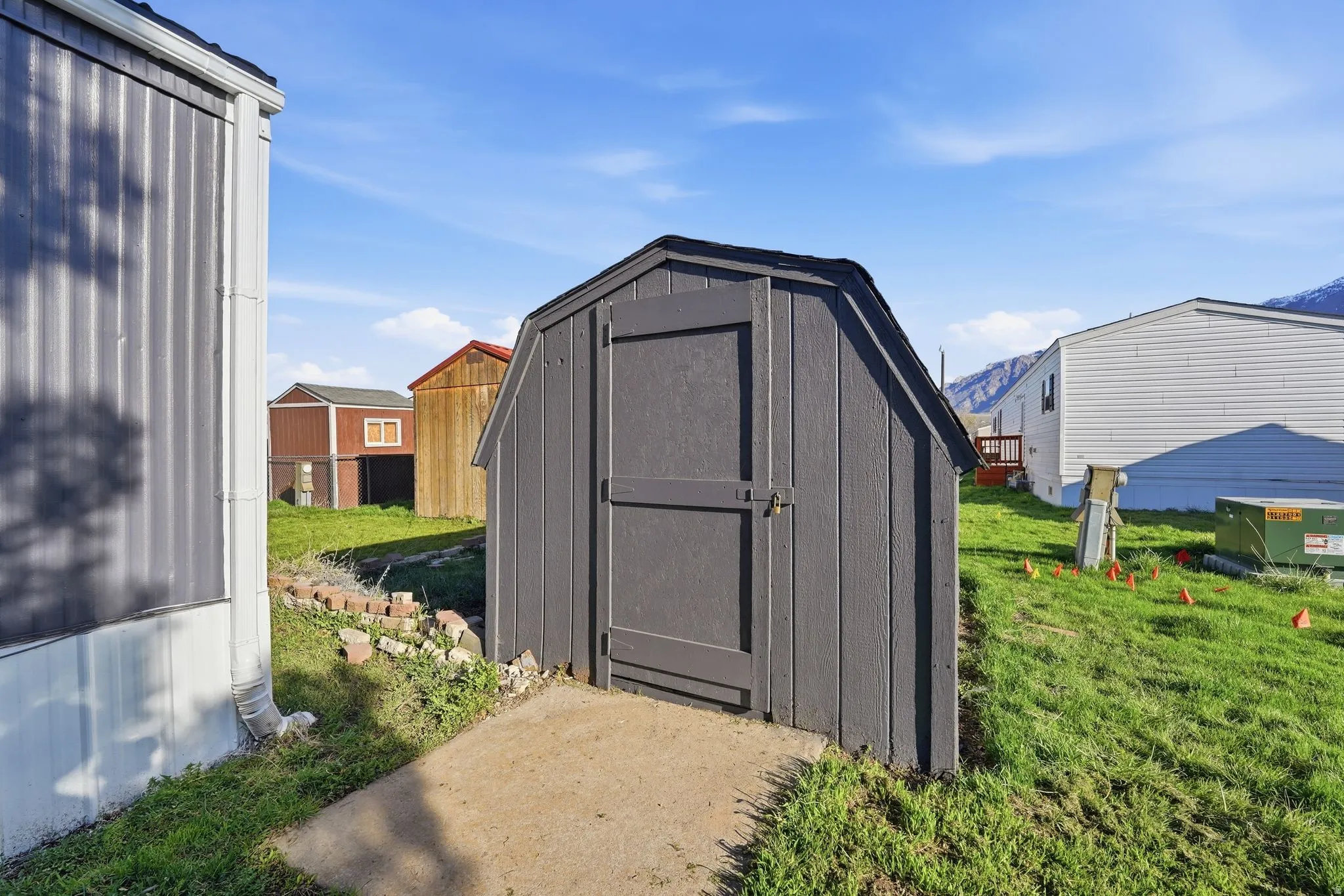 View of shed featuring a mountain view