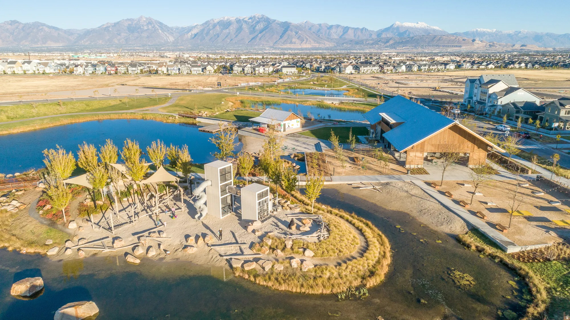 Aerial view of residential area with a water and mountain view