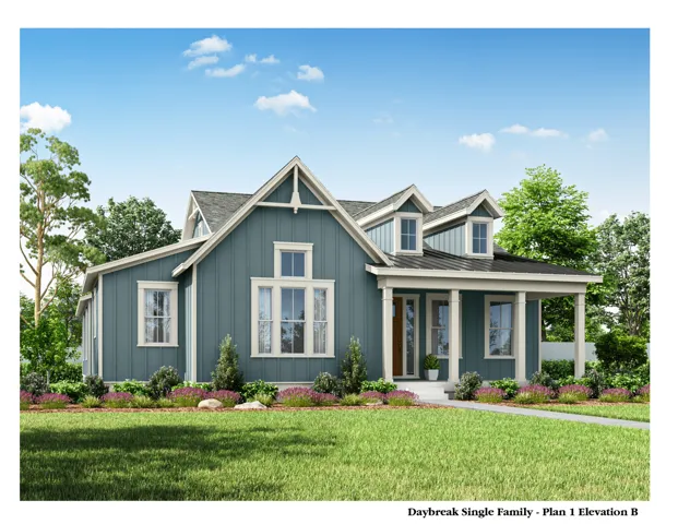 View of front facade featuring a front lawn, covered porch, and board and batten siding