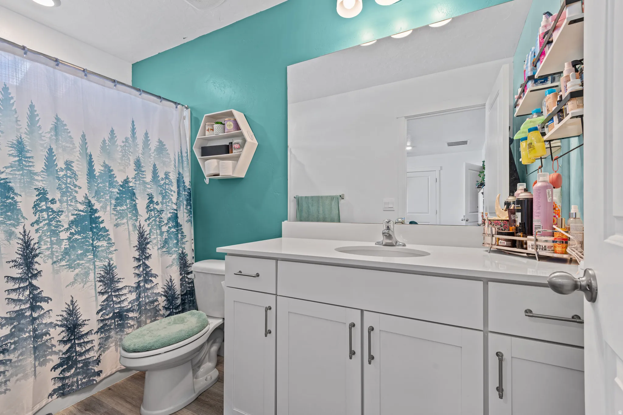Bathroom featuring curtained shower, vanity, and wood finished floors
