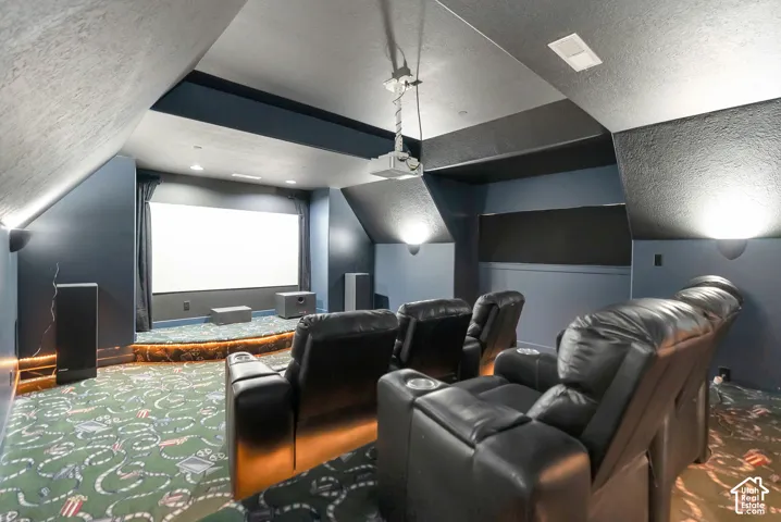 Cinema featuring a textured ceiling and carpet floors