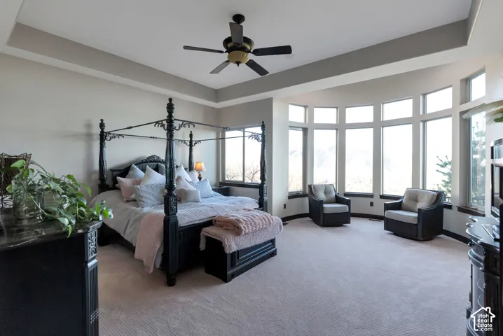 Bedroom featuring light carpet, multiple windows, a tray ceiling, and a ceiling fan