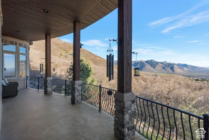 View of patio featuring a mountain view