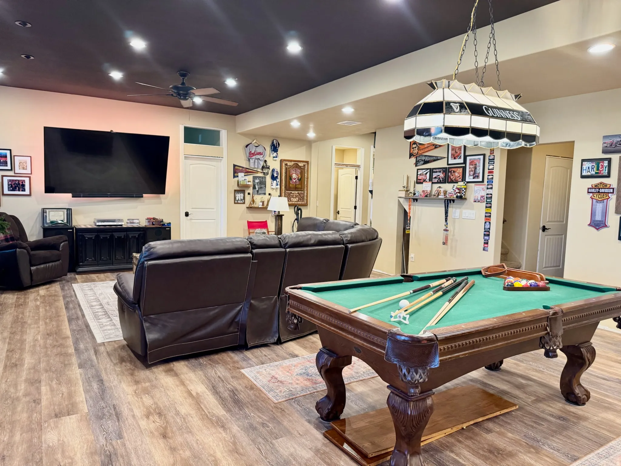 Playroom featuring billiards table, recessed lighting, light wood finished floors, and a ceiling fan