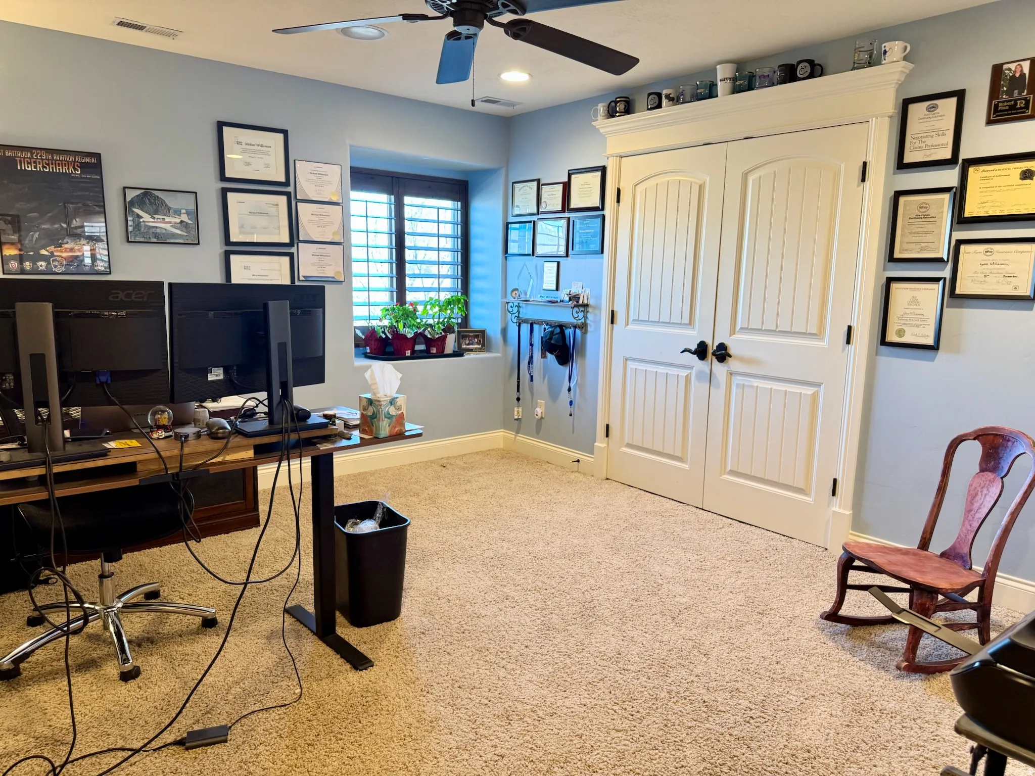 Office featuring light carpet, recessed lighting, and a ceiling fan