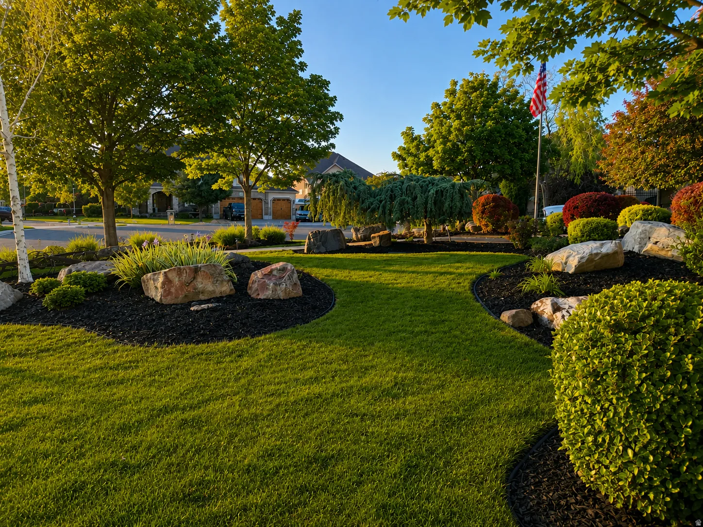 Lush green lawn with defined landscape beds