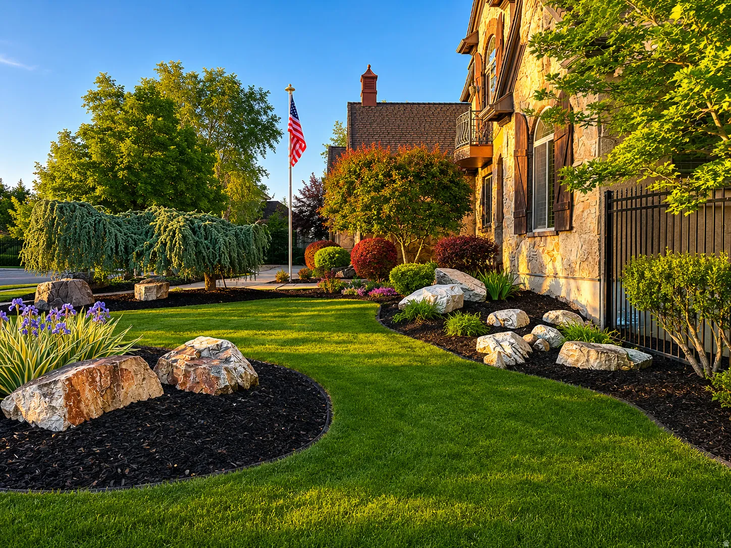 Manicured lawn with decorative rock landscaping, mature trees, and vibrant shrubs