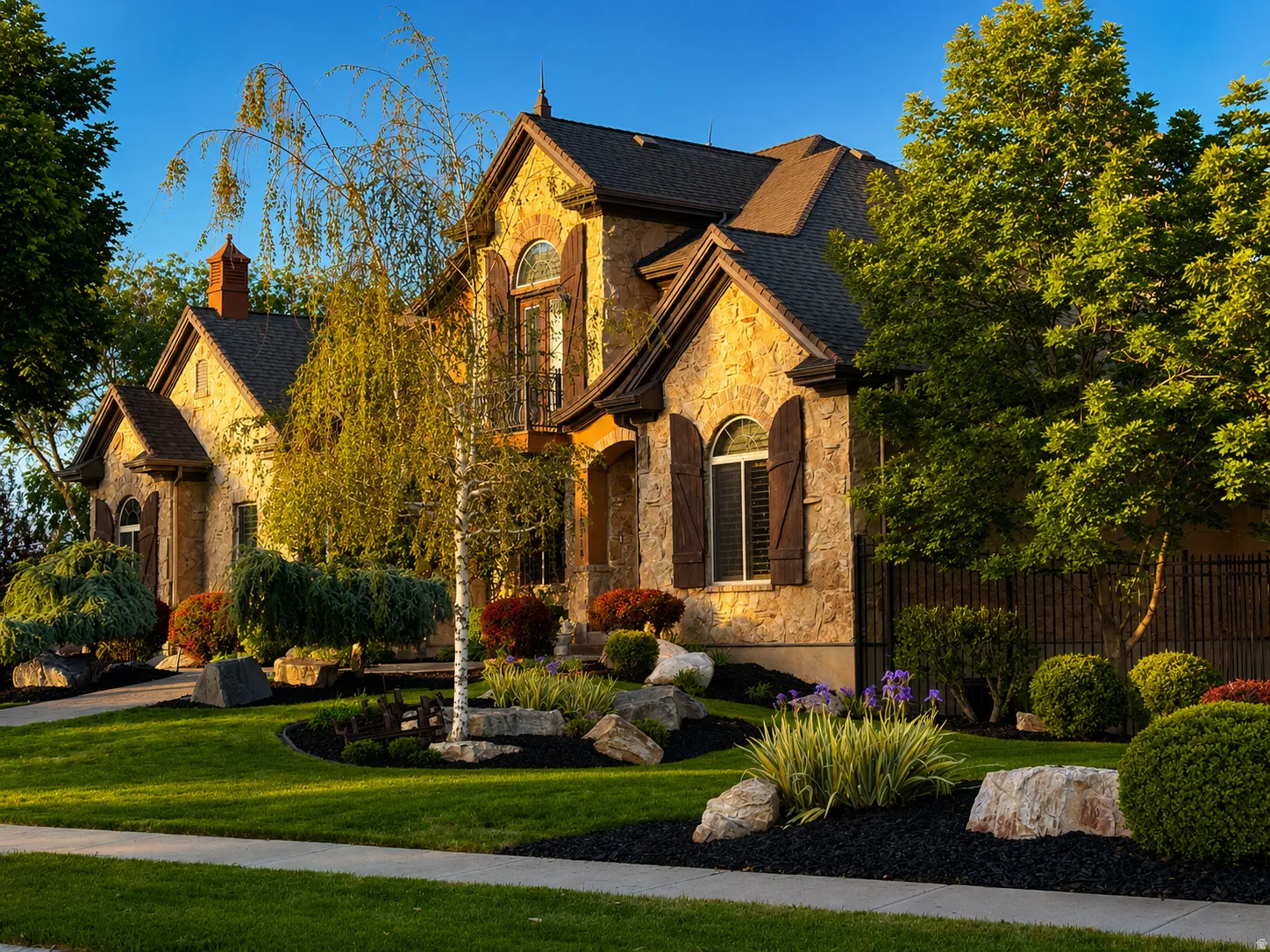 Stone exterior residence featuring arched windows with dark wood shutters