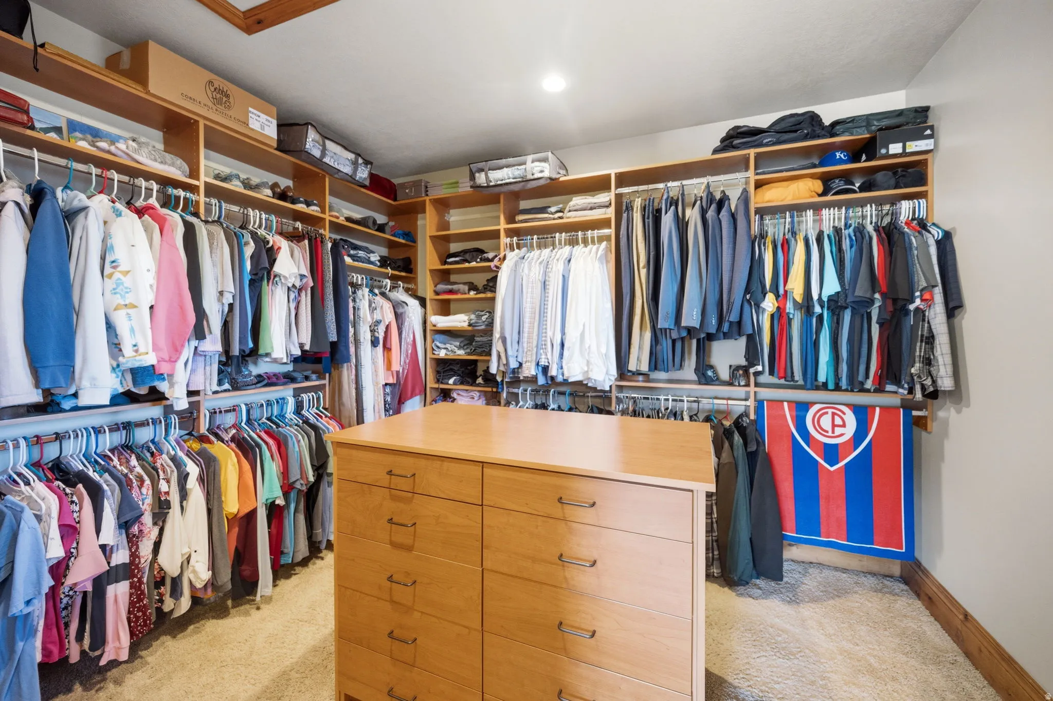 Walk in closet featuring light carpet