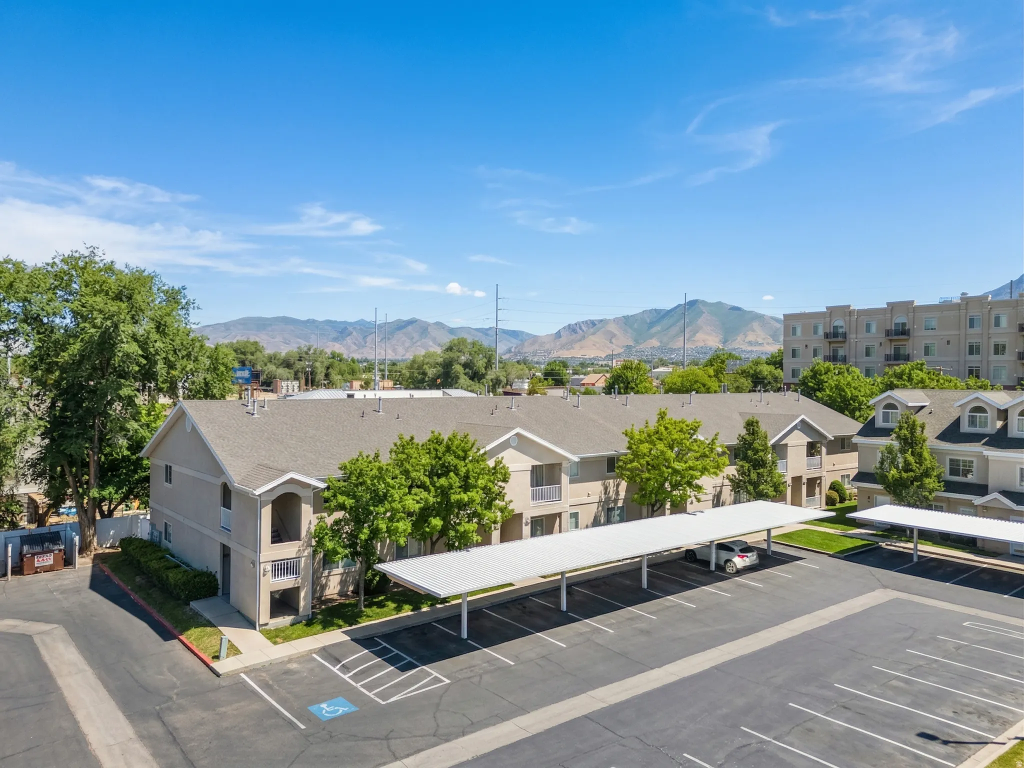 Aerial perspective of suburban area featuring mountains