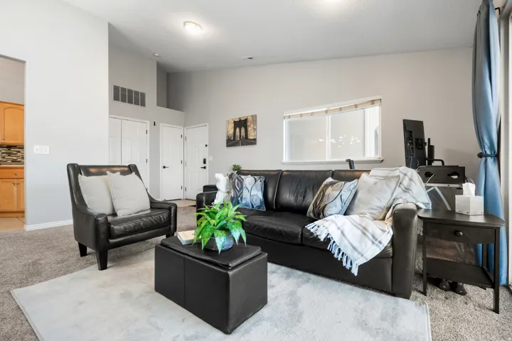 Living area featuring light carpet, a high ceiling, and electric panel