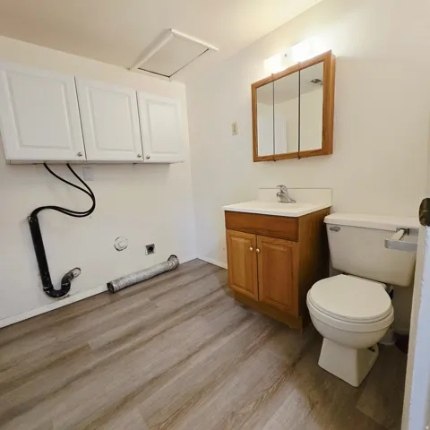Half bathroom featuring vanity and wood finished floors