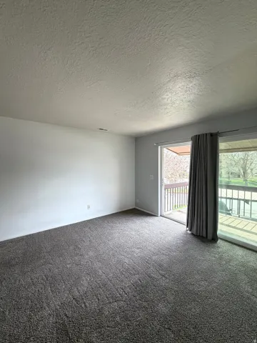 Carpeted spare room with a textured ceiling