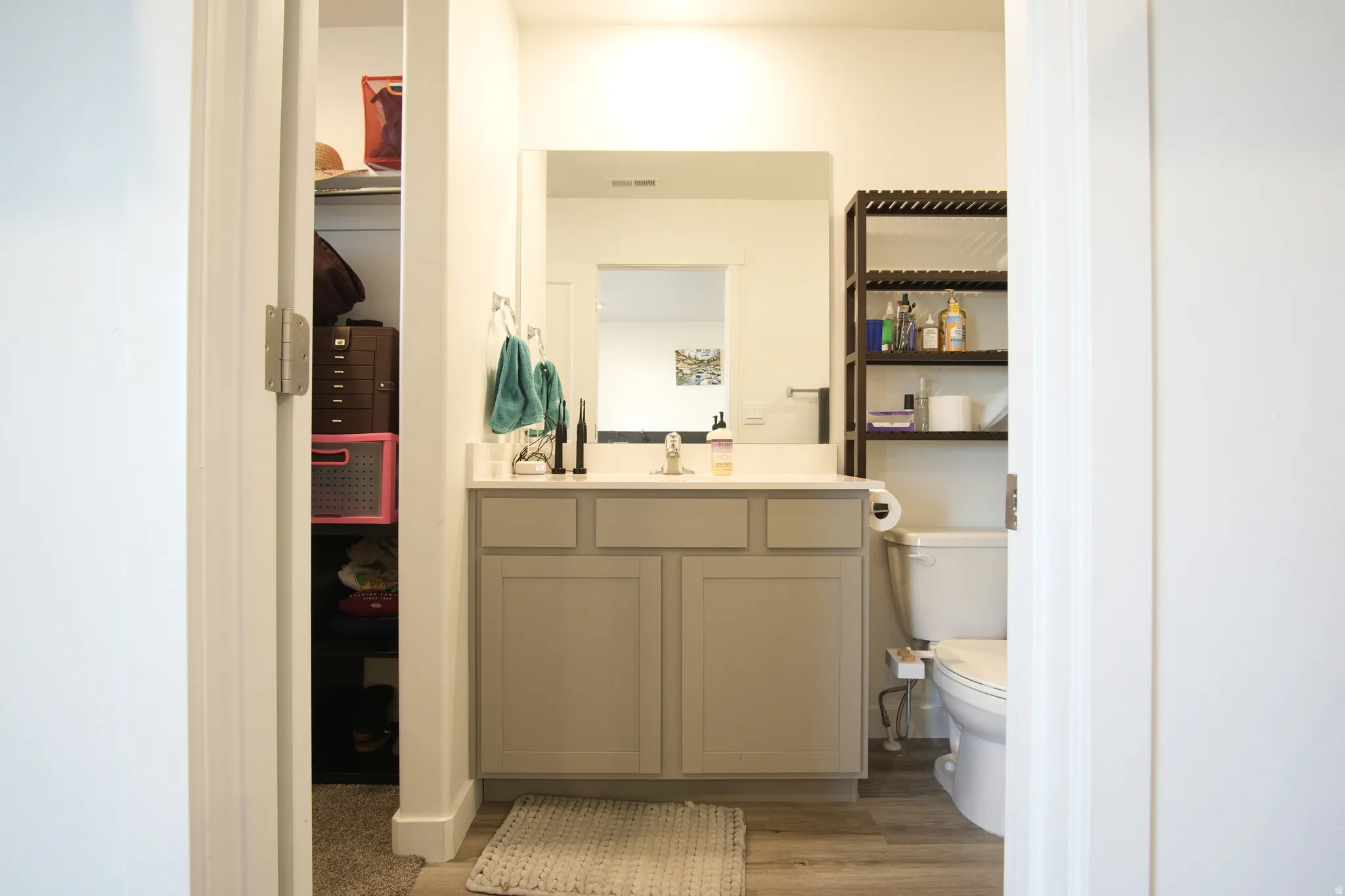 Bathroom with vanity and dark wood-style flooring