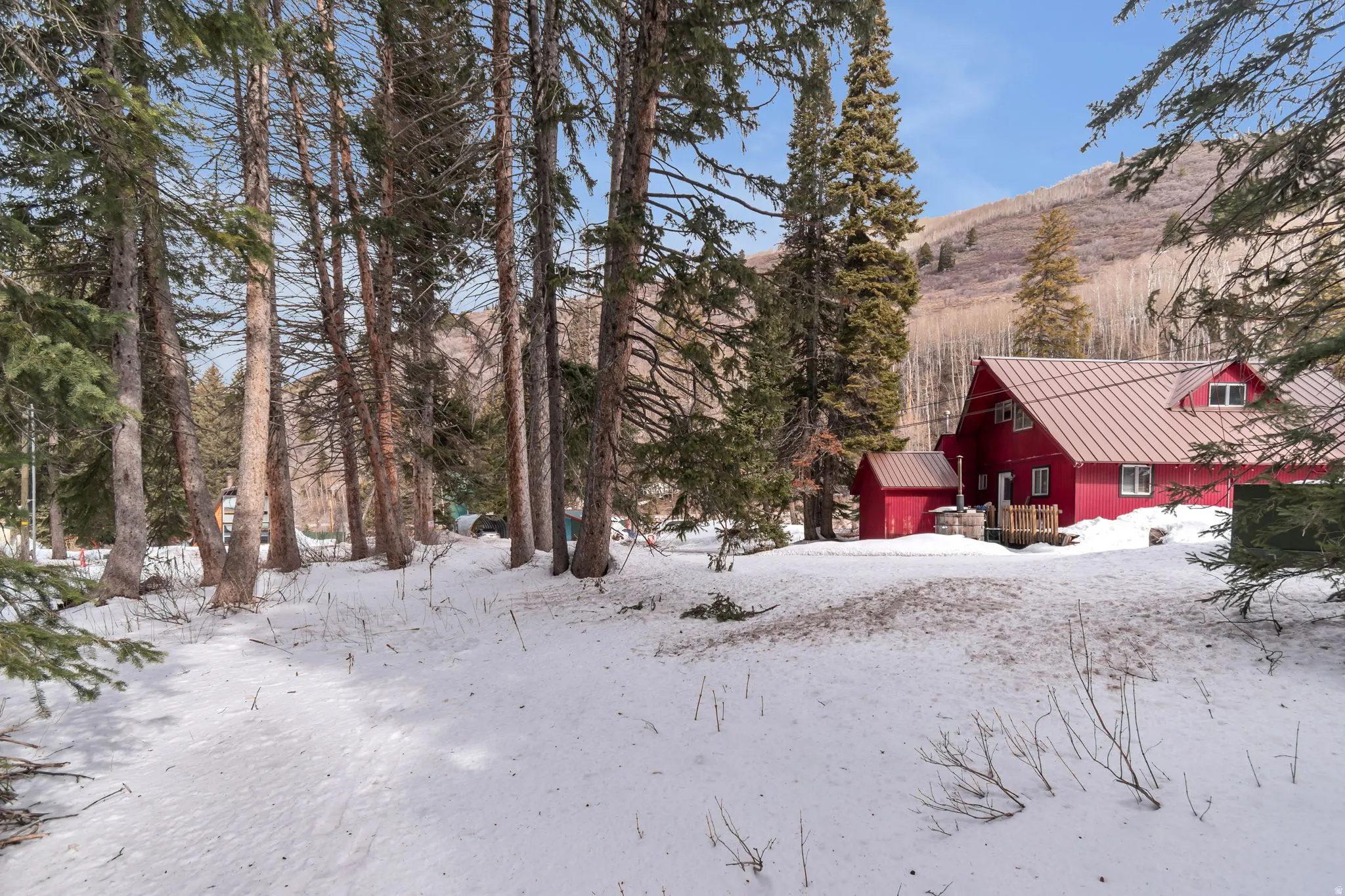 Yard layered in snow featuring an outdoor structure