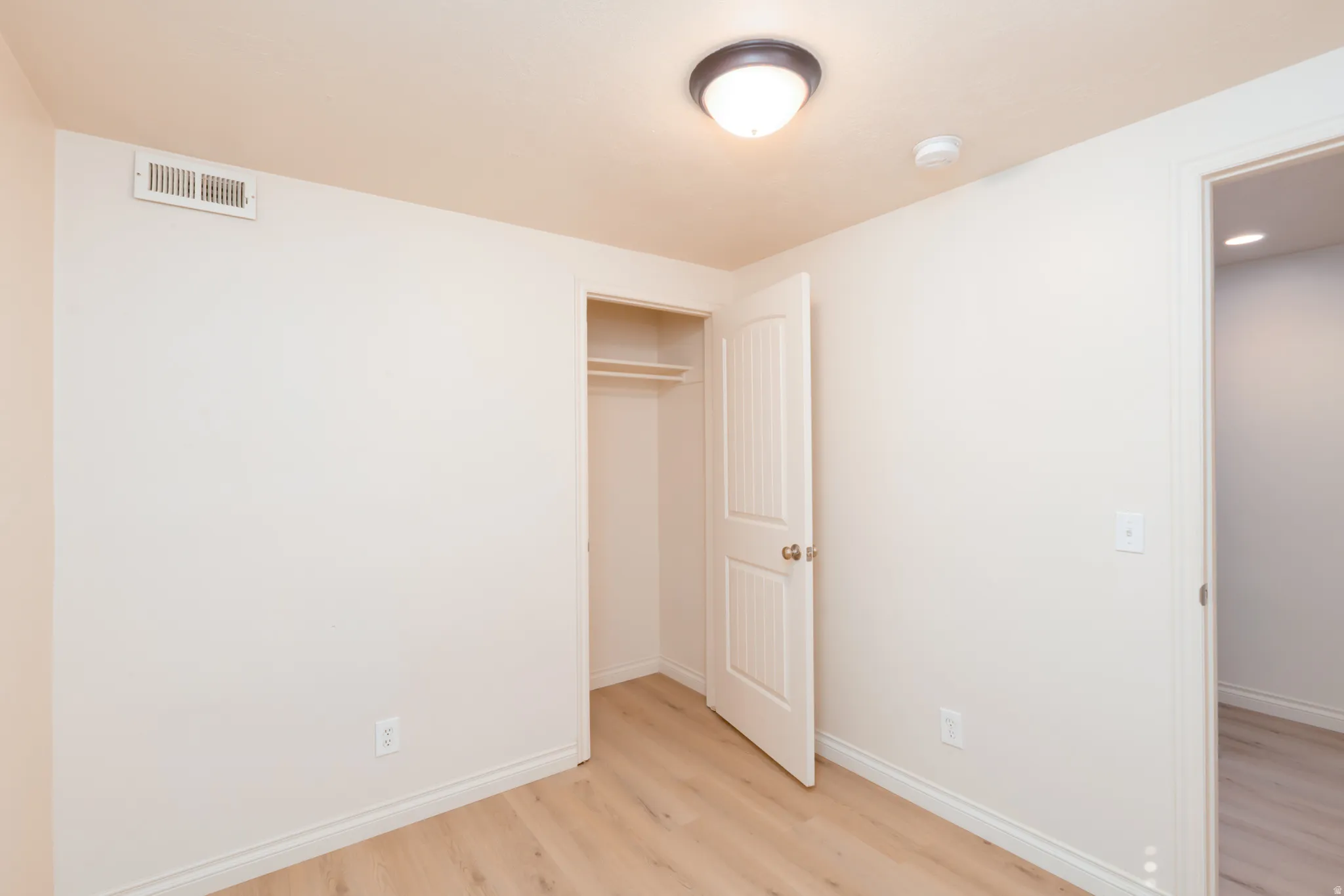 Basement bedroom featuring light wood looking flooring and a closet.
