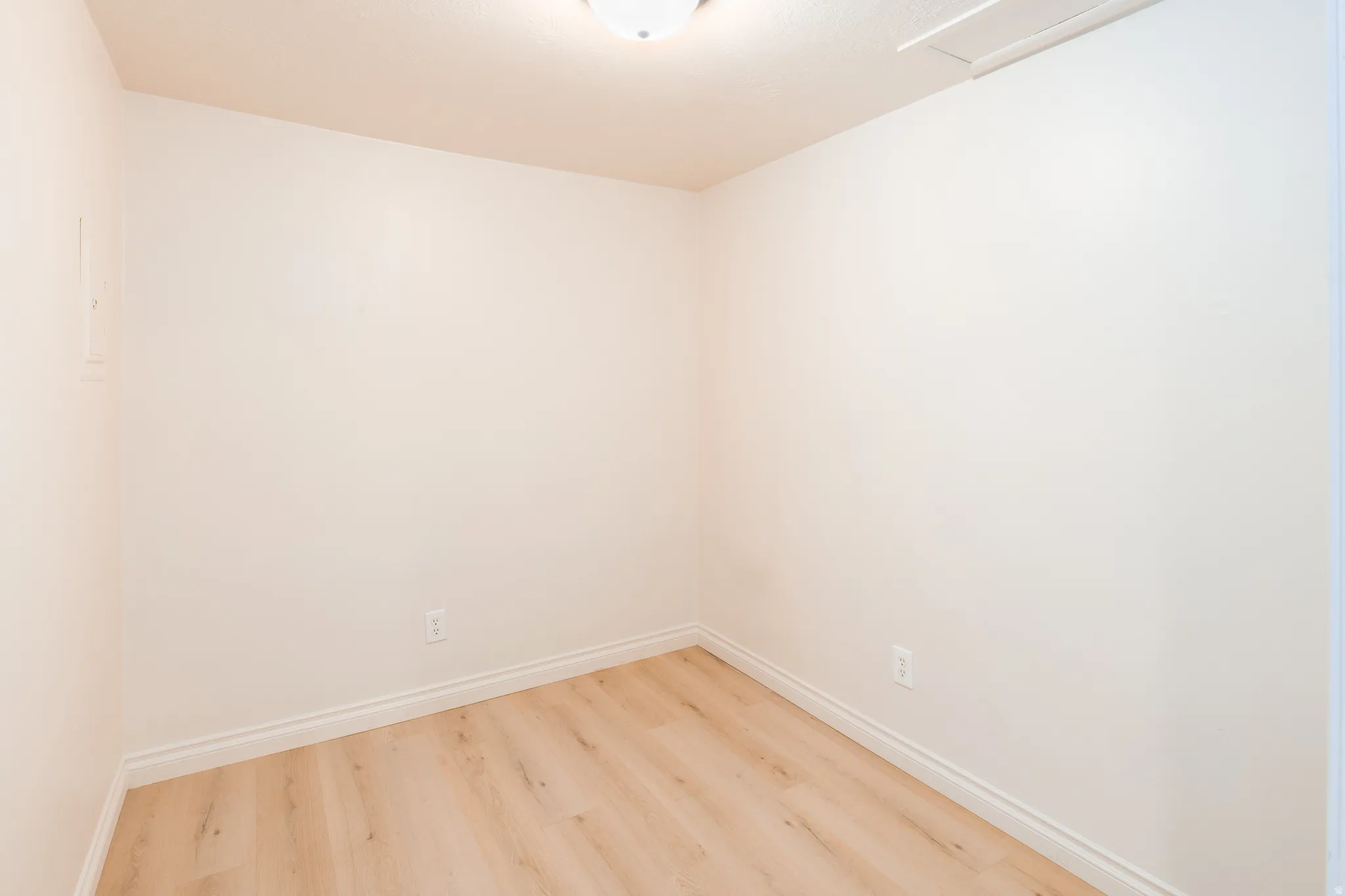 Den / office featuring light wood looking floors.