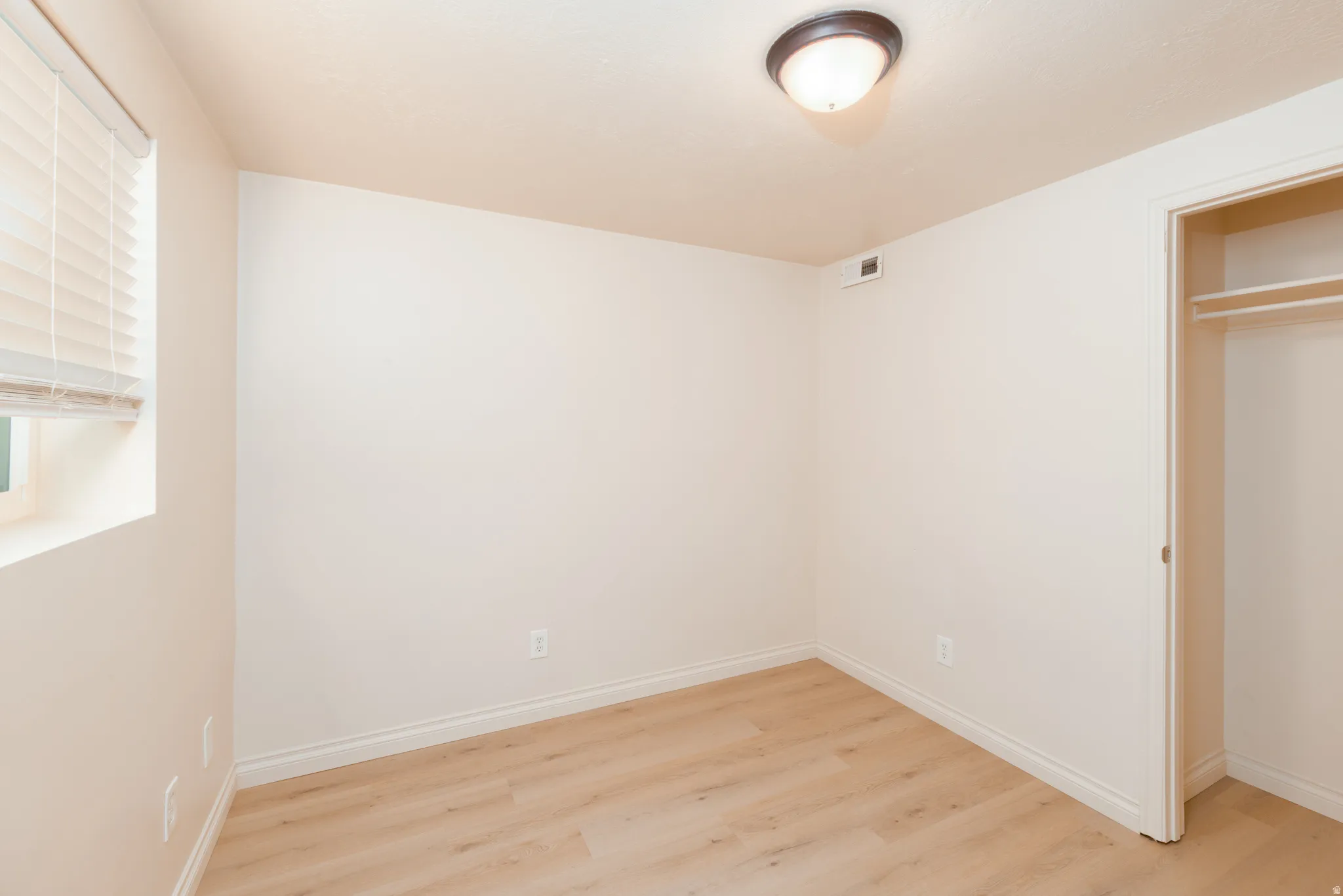 Basement bedroom featuring light wood looking flooring and a closet.