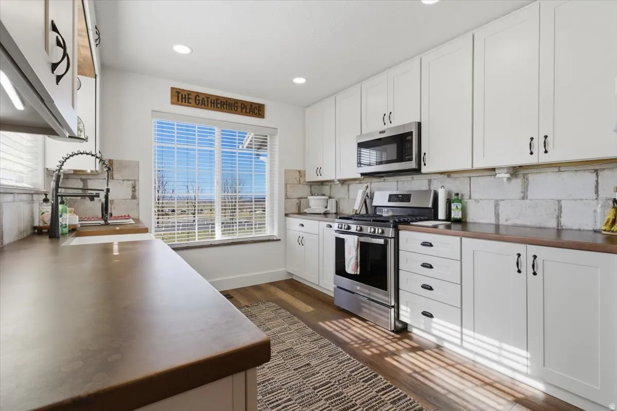 Kitchen with stainless steel appliances, white cabinetry, dark wood finished floors, healthy amount of natural light, and recessed lighting