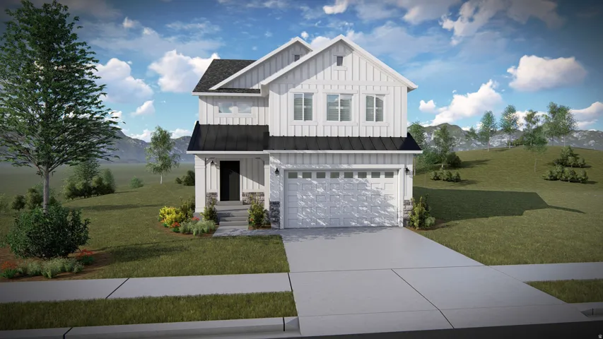 Modern inspired farmhouse featuring board and batten siding, a front yard, driveway, an attached garage, and a mountain view