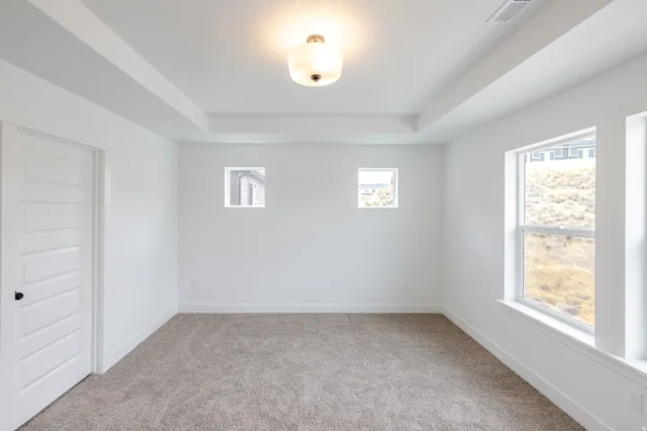 Tray ceiling detail with a central flush-mount light fixture