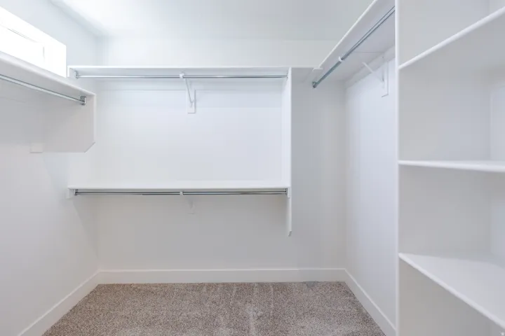 White-painted walls and built-in shelving, complemented by multiple clothing rods and a neutral-toned carpet