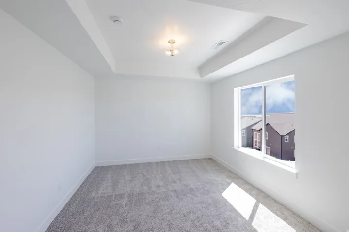 Recessed ceiling detail, flush mount lighting, white trim, light gray carpeting, and large window