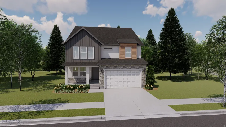 View of front of home featuring a front lawn, driveway, board and batten siding, stone siding, and a porch