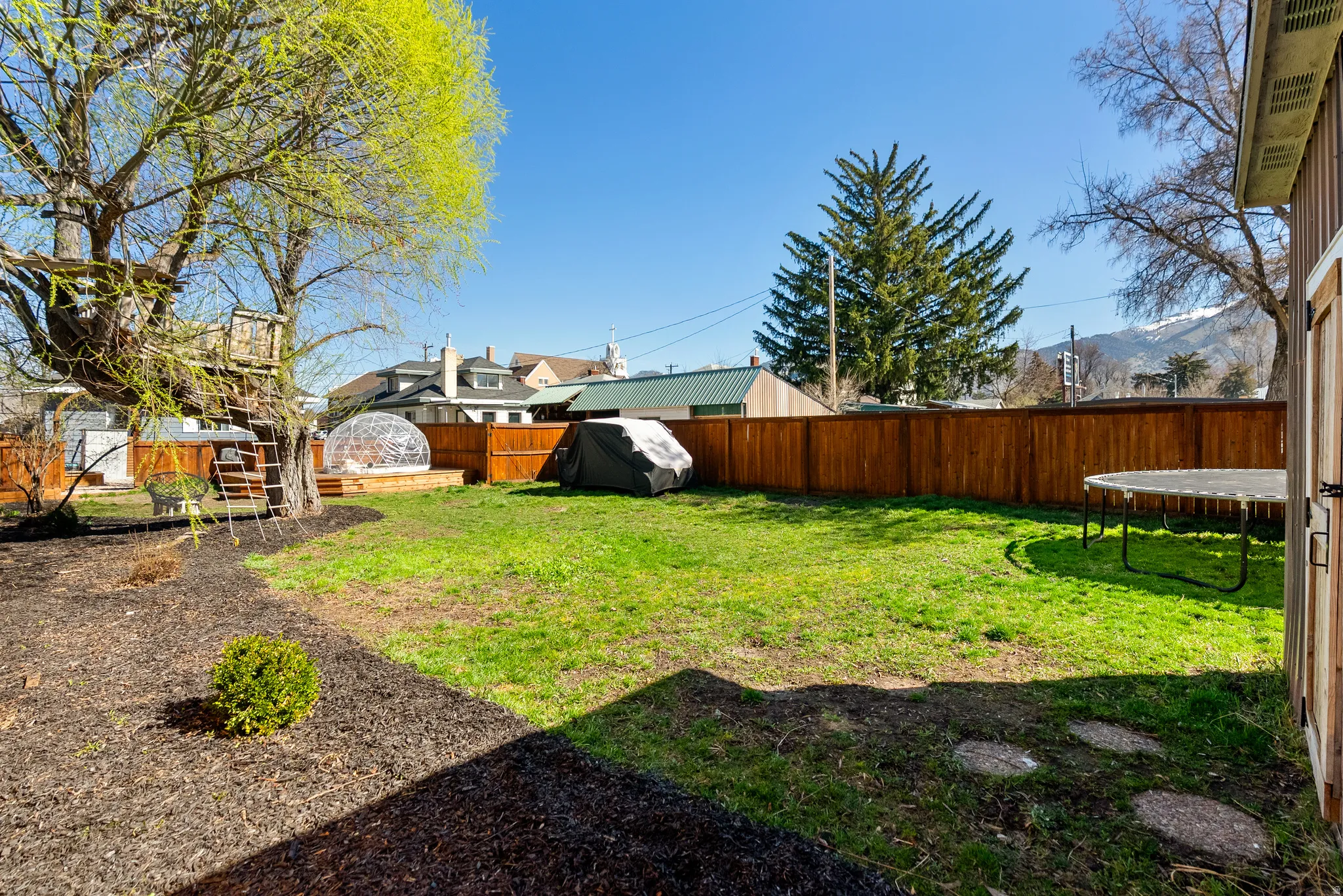 Fenced backyard featuring a trampoline