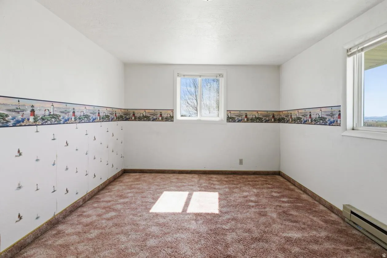 Empty room featuring a baseboard radiator and light colored carpet